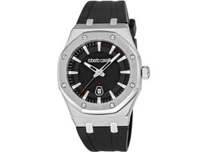 4894626265938 - Quarzuhr ROBERTO CAVALLI Uomo Ottagono Armbanduhren schwarz (schwarz schwarz) Herren Armbanduhr Herrenuhr Silikonarmband analog Tag