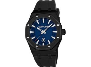 4894626265969 - Quarzuhr ROBERTO CAVALLI Uomo Ottagono Armbanduhren schwarz (schwarz dunkelblau) Herren Armbanduhr Herrenuhr Silikonarmband analog Tag