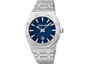 4894626265983 - Quarzuhr ROBERTO CAVALLI Uomo Ottagono Armbanduhren silberfarben (silberfarben dunkelblau) Herren Armbanduhr Herrenuhr Edelstahlarmband analog Tag