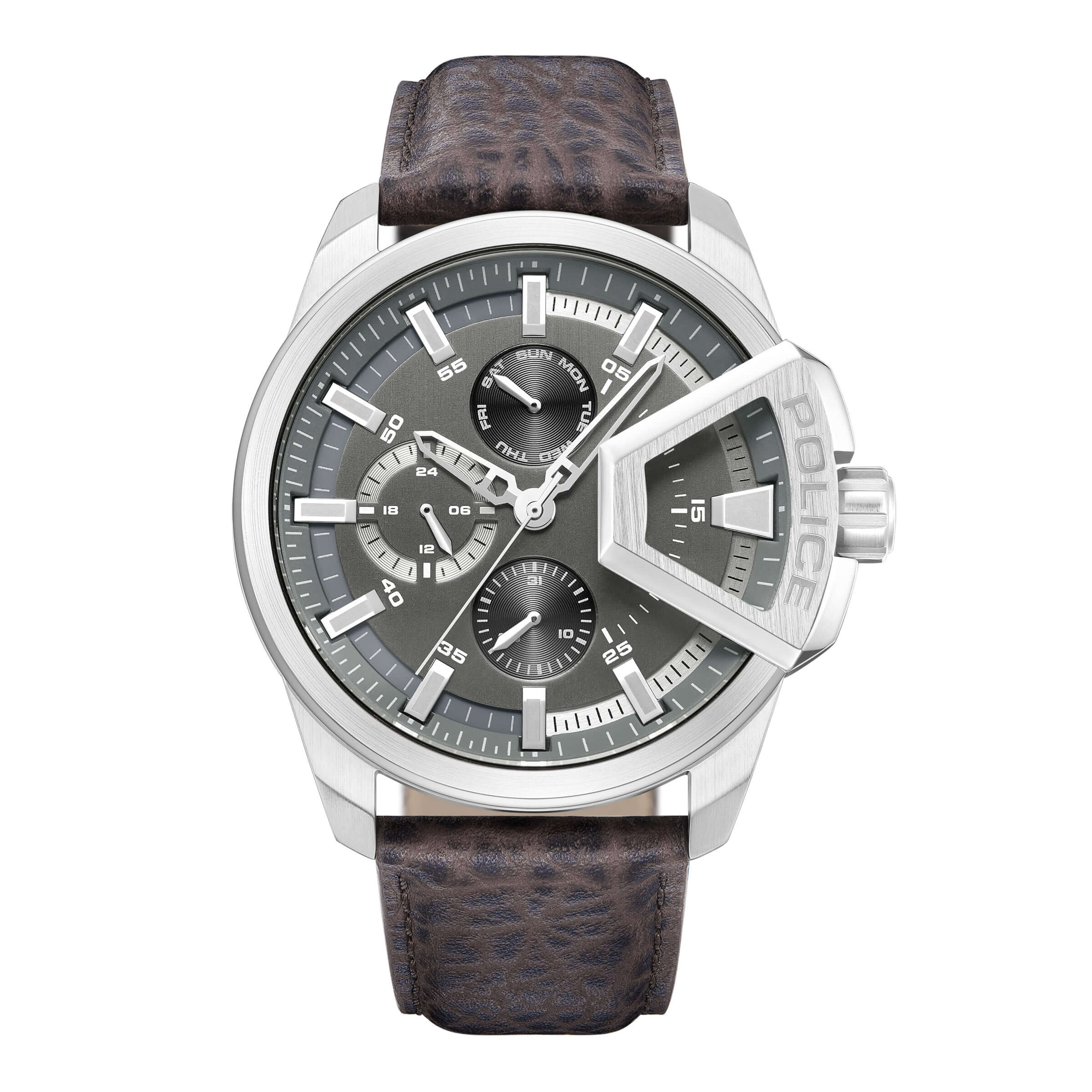 4894816091033 - Herren Chronograph Uhr Leder Armband Grau Braun 44mm - Herrenuhr Chronograph Armbanduhr