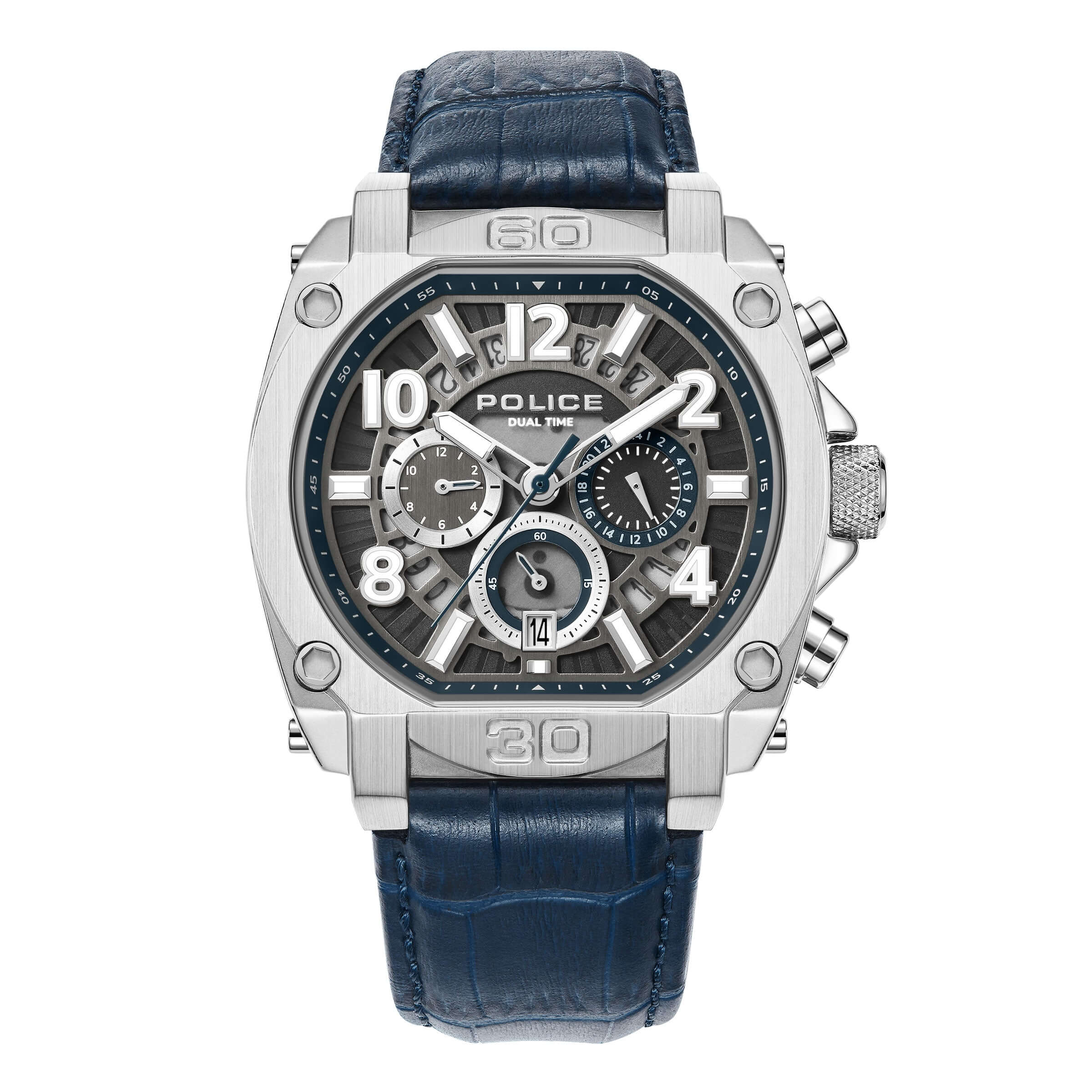 4894816121341 - Herren Armbanduhr Analog Chronograph Leder Blau Silber 44mm Herrenuhr Armbanduhr