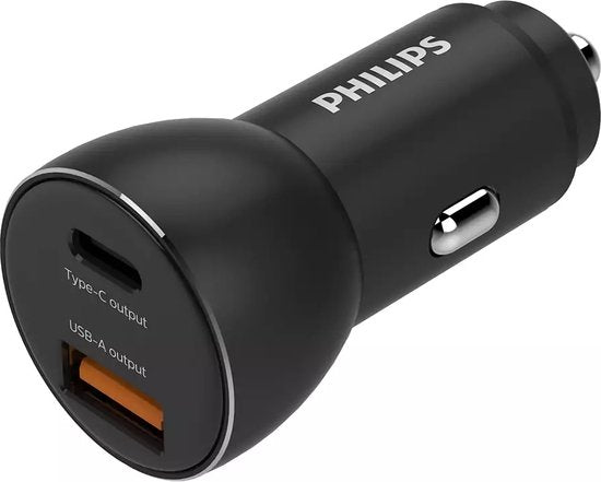 4895229121645 - PHILIPS Autoladegerät DLP2521 03 - USB-A und USB-C Ausgang - Zigarettenanzünder - Schnelles Aufladen - Kompatibel mit iPhone und Samsung - Schwarz