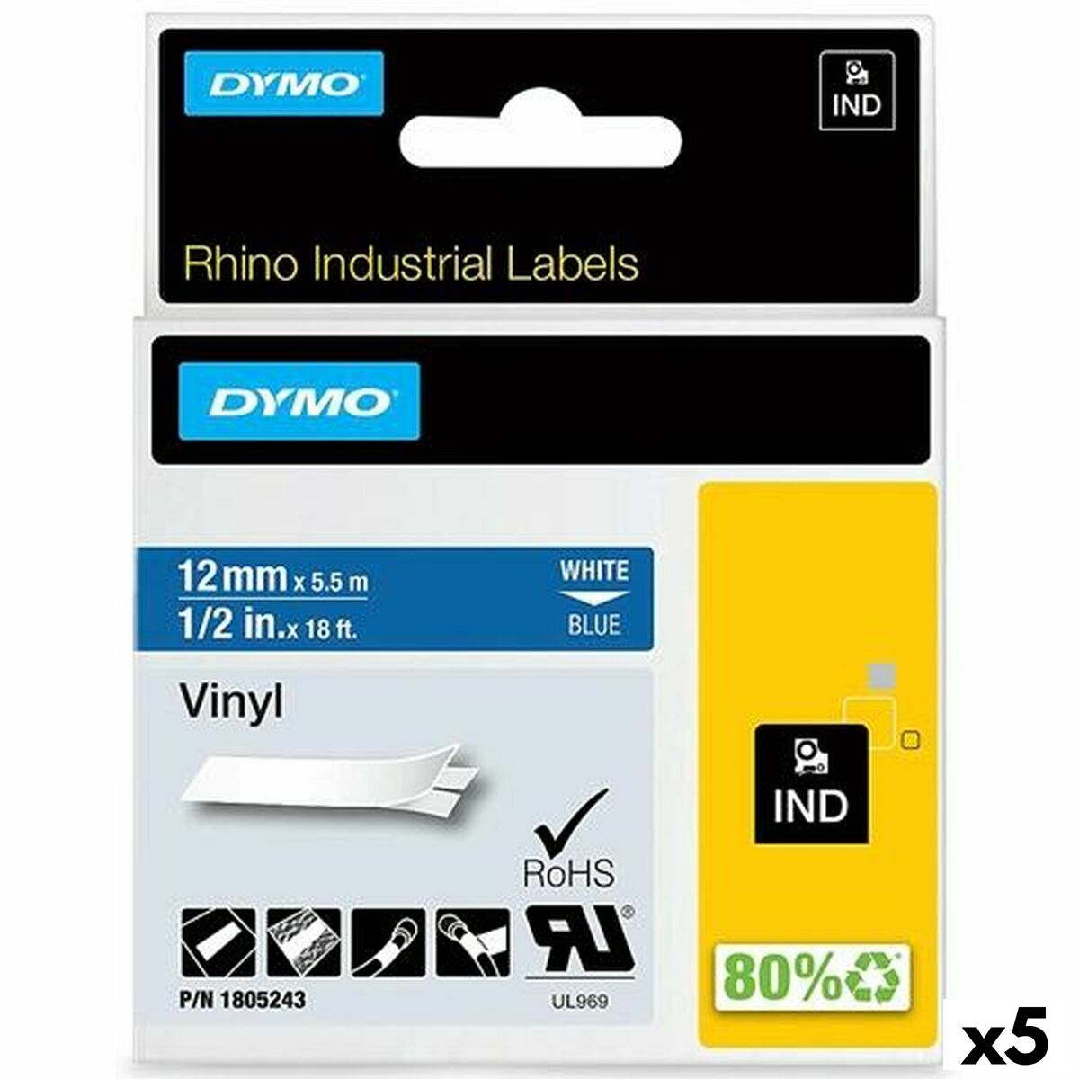 4899888588351 - Laminiertes Klebeband zur Kennzeichnung von Maschinen Rhino ID1-12 Blau Weiß 12 x 55 mm Selbstklebend Vinyl (5 Stück)