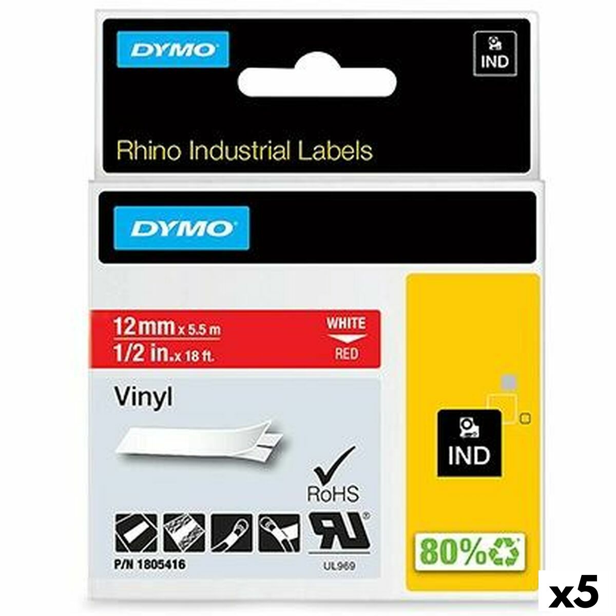 4899888588382 - Laminiertes Klebeband zur Kennzeichnung von Maschinen Rhino ID1-12 12 x 55 mm Rot Weiß Vinyl Selbstklebend (5 Stück)