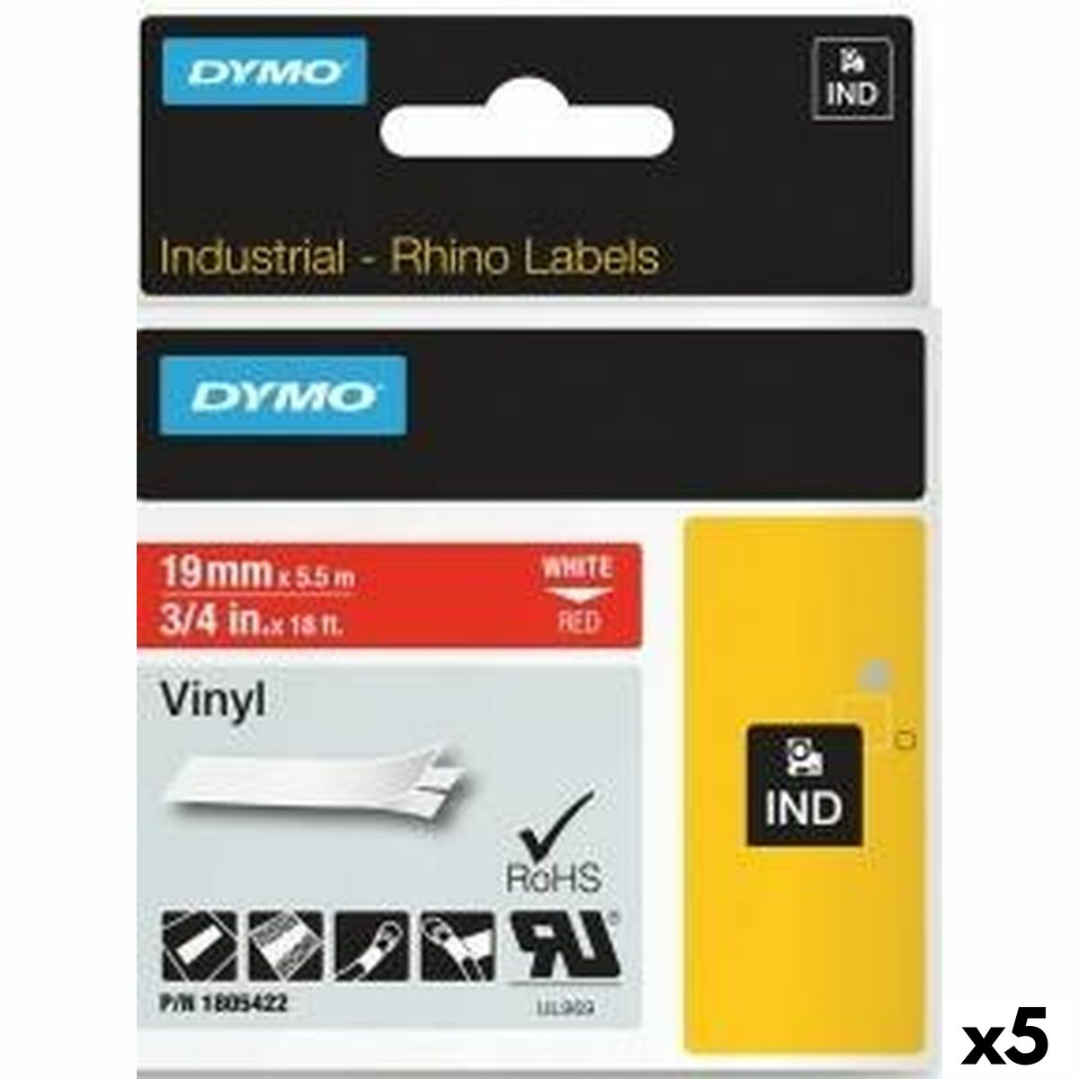 4899888588405 - Laminiertes Klebeband für Kennzeichnungsmaschinen Rhino ID1-19 19 x 55 mm roter weiße Stick-Selbstverlust (5 Einheiten)