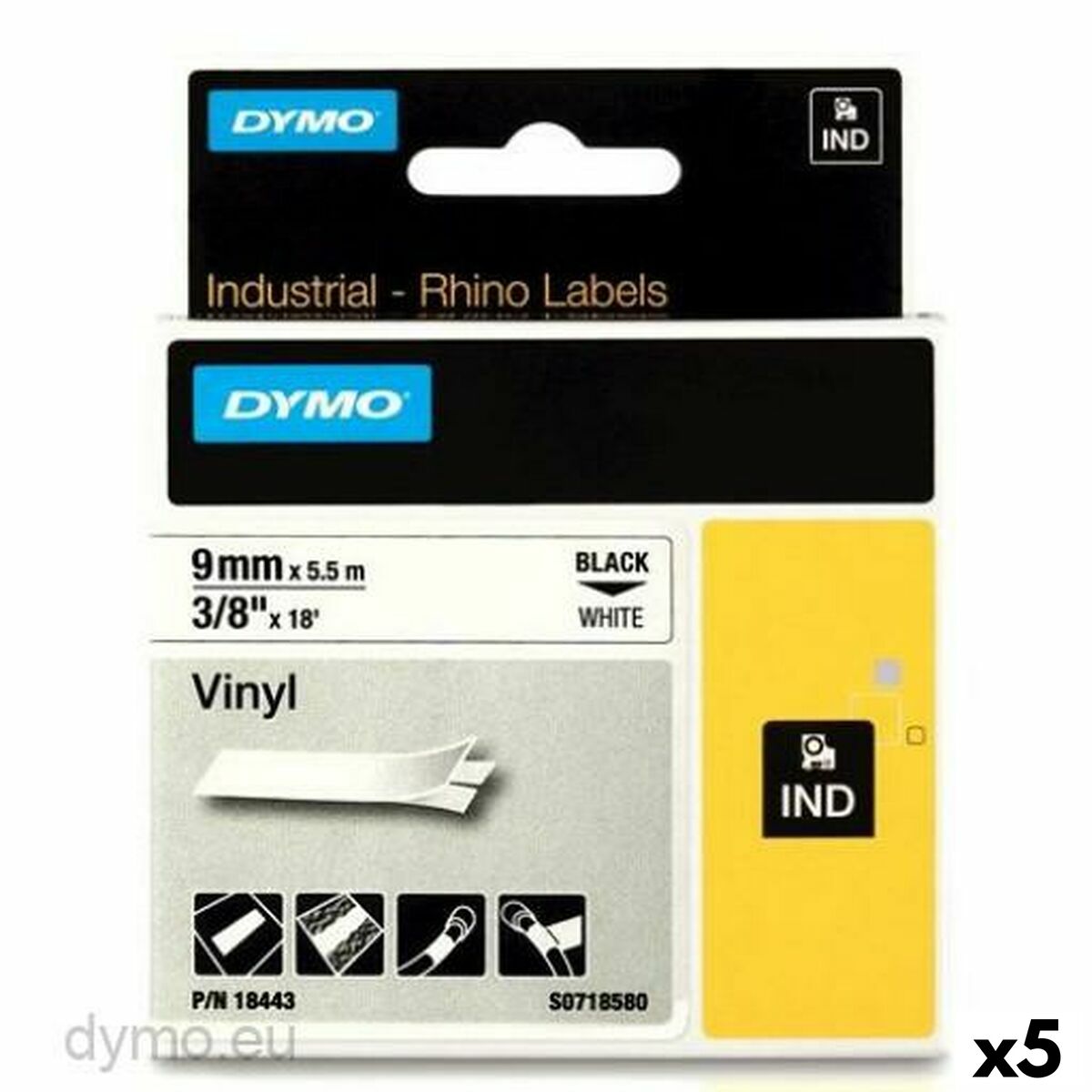 4899888588535 - Laminiertes Klebeband zur Kennzeichnung von Maschinen Rhino ID1-9 Weiß Schwarz 9 x 55 mm Vinyl (5 Stück)