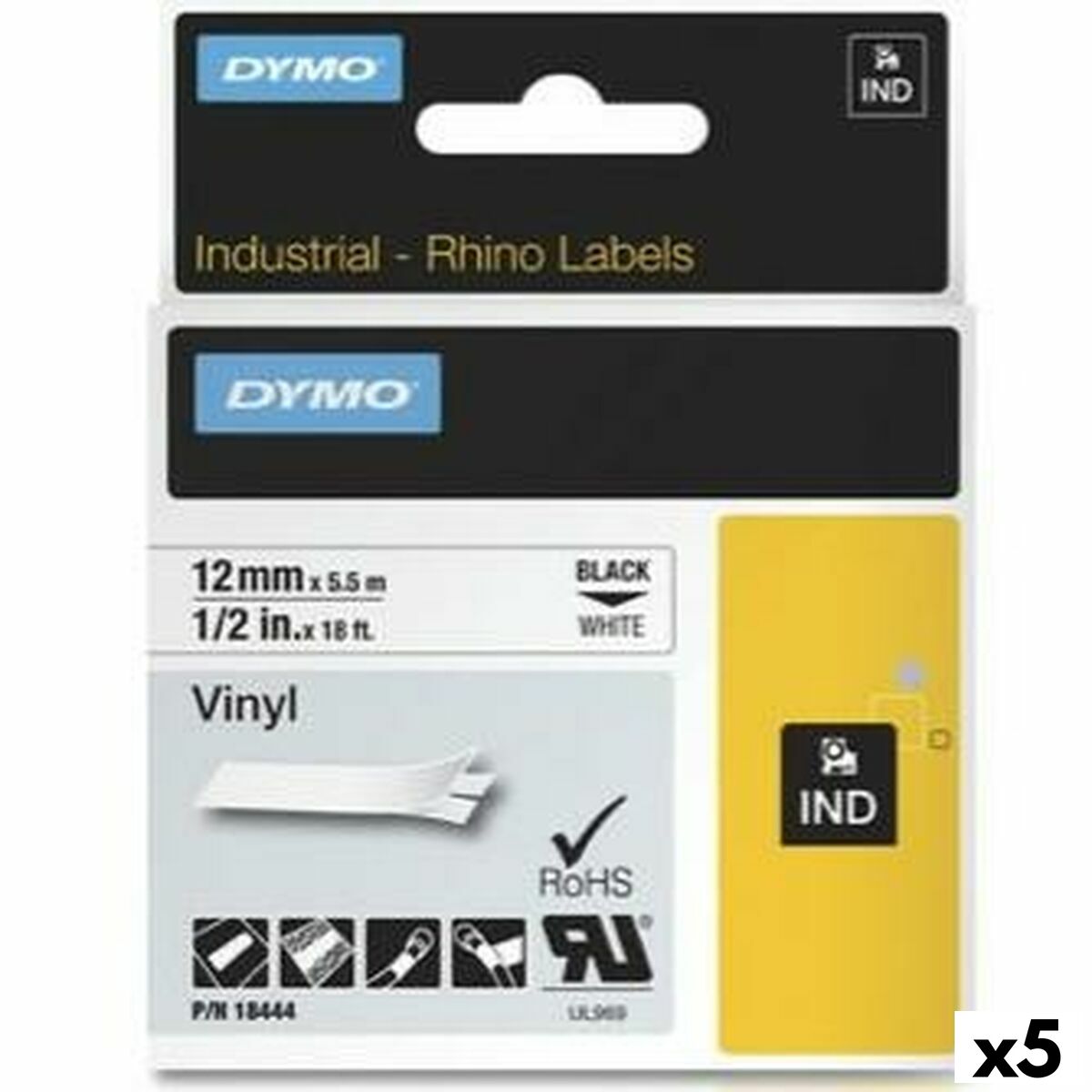 4899888588542 - Laminiertes Klebeband zur Kennzeichnung von Maschinen Rhino ID1-12 12 x 55 mm Schwarz Weiß Vinyl Selbstklebend (5 Stück)