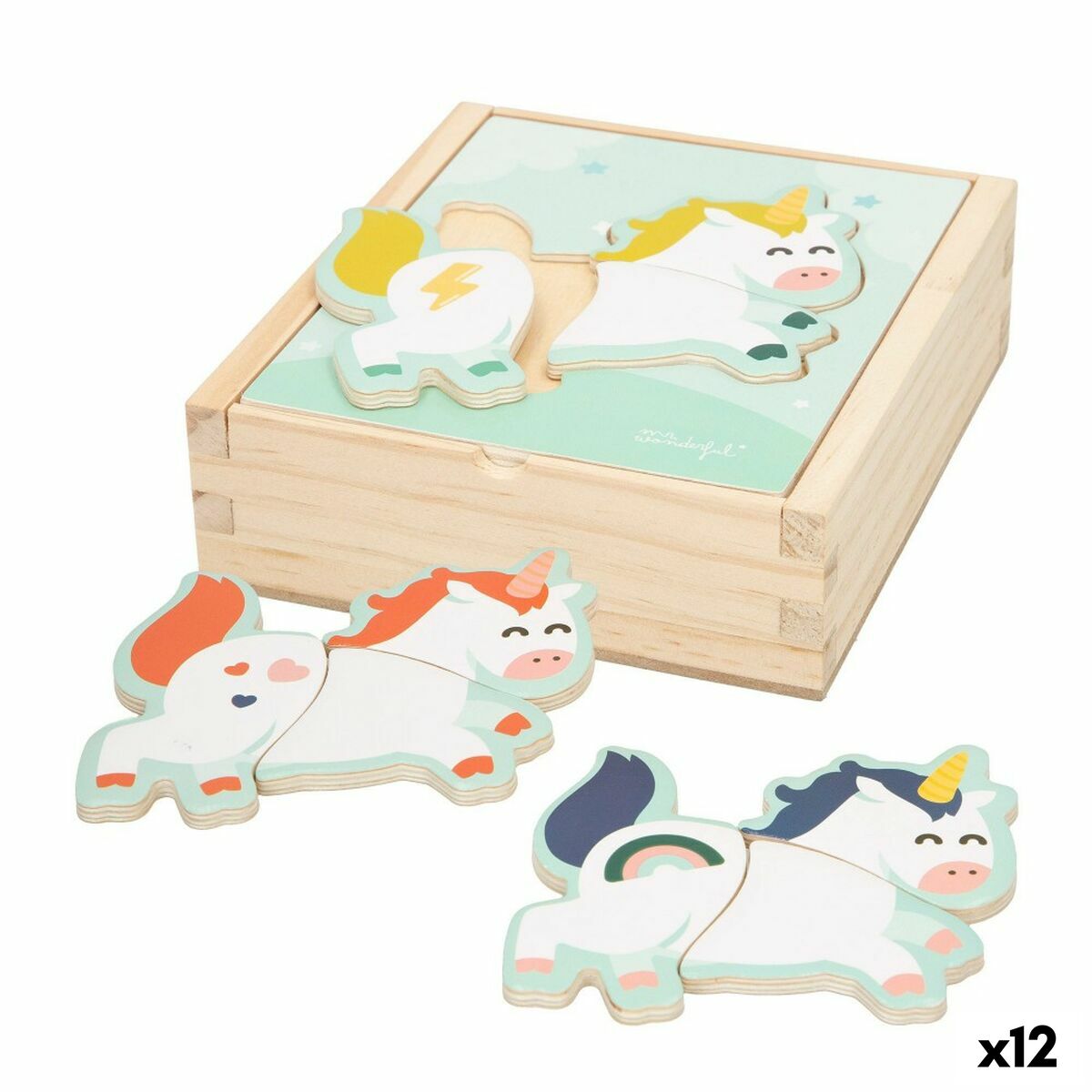 4899888729020 - Childs Wooden Puzzle Unicorn + 3 years 3 Pieces (12 Units)