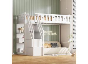4911280138221 - Okwish - Hochbett 90200 cm mit Stauleiter und Regalen Einzelbett aus Holz Jugendbett Kinderbett Massivholzstruktur weiß 4911280138221 - Okwish - Hochbett 90200 cm mit Stauleiter und Regalen Einzelbett aus Holz Jugendbett Kinderbett Massivholzstruktur weiß