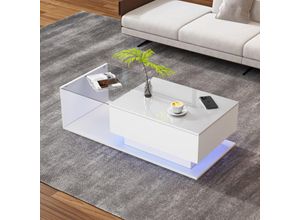 4921277632656 - Okwish - Glänzend weißer Couchtisch 100x50x32 cm – mit Glasplatte und Schubladen kratzfest mit 1 Schublade mit LED-Beleuchtung moderner Stil