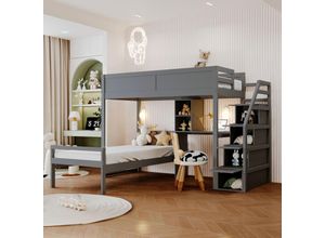 4941280146223 - Okwish - 90 200 cm Etagenbett Sicherheitstreppe mit verstecktem Staufach Bürostaufach Zwei-in-Eins-Hochzaun-Design Teenagerbett Lattenrost