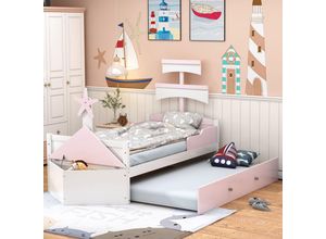 4951280770557 - Redom - Kinderbett aus Holz 90200 Segelbootform mit Ausziehbett Stauraum am Ende des Bettes Einzelbett Kinderbett rosa