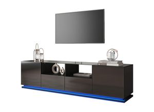 4961280156473 - Okwish - Glänzendes TV-Möbel mit Glasböden zwei Schubladen und zwei Türen Lowboard mit mehrfarbigen LED-Lichteffekten