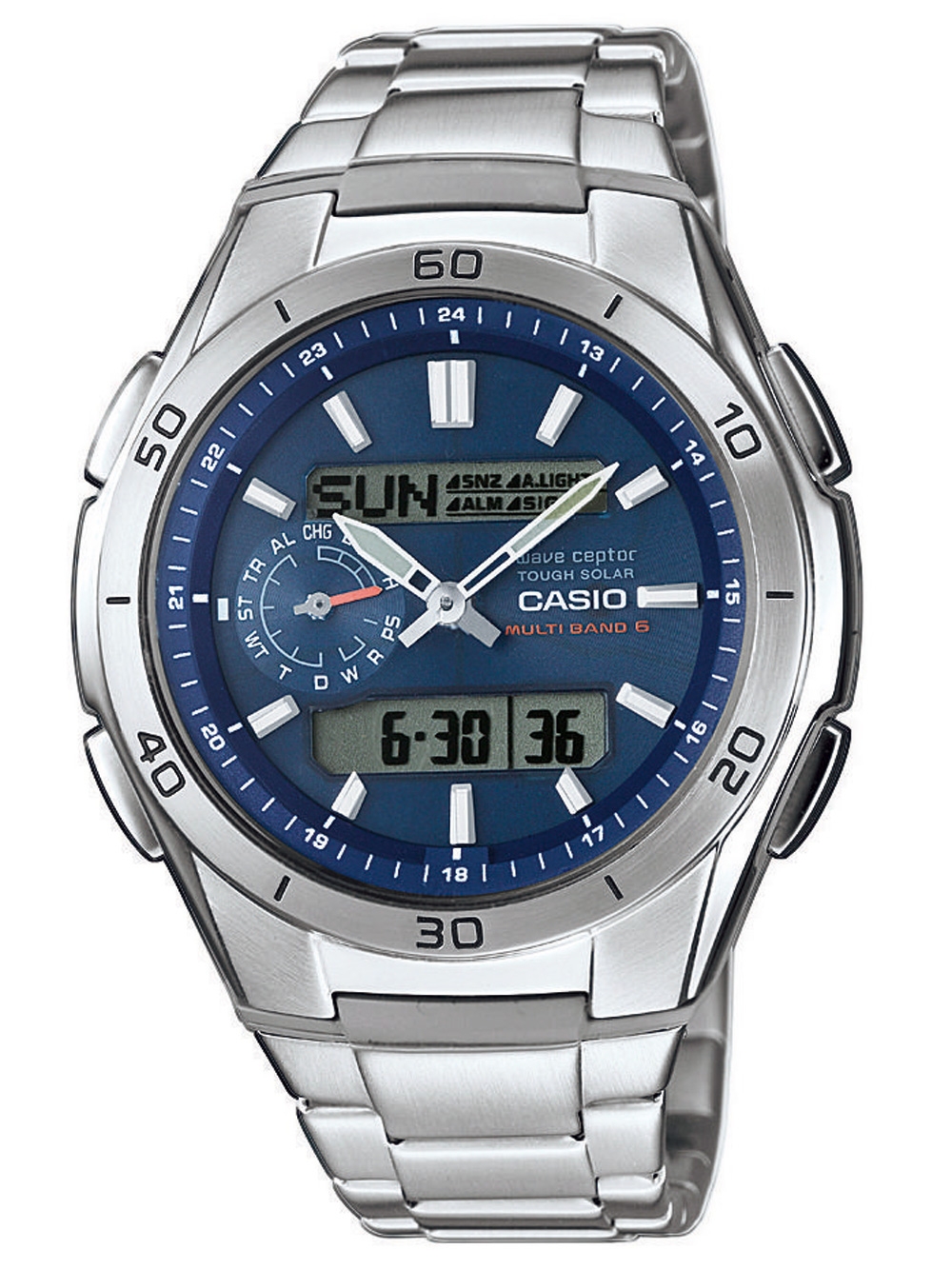 4971850027355 - Funkchronograph WVA-M650D-2AER Armbanduhren blau (silberfarben) Herren Solaruhren Solaruhr Armbanduhr Herren digital Stoppfunktion