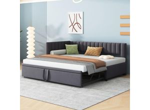 4991280153578 - Multifunktionales L-förmiges Schlafsofa mit Ausziehbett 90 180200 cm Polsterbett aus Samtstoff platzsparendes Design für Kinderbett Gästebett grau 4991280153578 - Multifunktionales L-förmiges Schlafsofa mit Ausziehbett 90 180200 cm Polsterbett aus Samtstoff platzsparendes Design für Kinderbett Gästebett grau