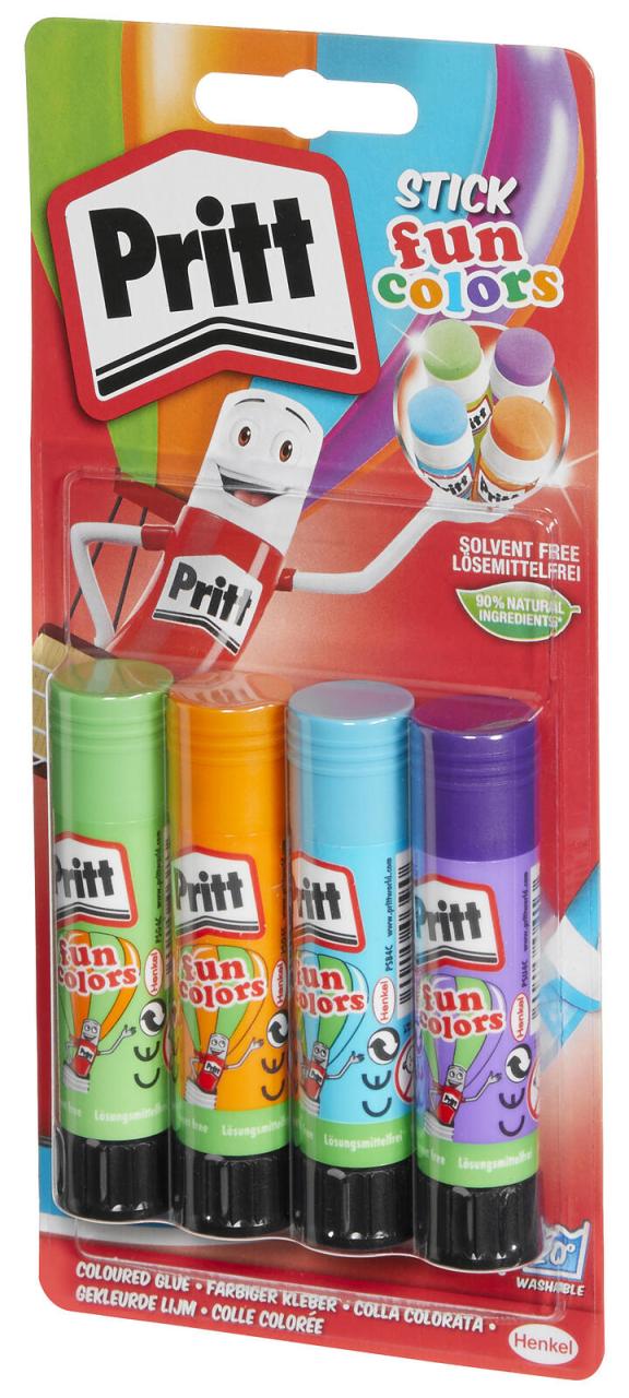 5010305204138 - Pritt fun colors Klebestifte 4 x 10g Farbiger Kleber in grün orange blau und Lila 1 Packung = 4 x 10 g