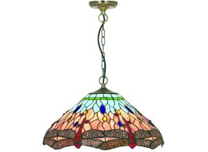 5013874279682 - Dragonfly - 1 Licht Decke Anhänger Antik Messing Blau Libelle Tiffany Glas E14 - Searchlight