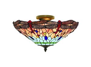 5013874288097 - Dragonfly - 3 Light Semi Flush Deckenleuchte Antik Messing Tiffany Glas Rot Blau E14 - Searchlight