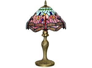 5013874288424 - Dragonfly - 1 Leuchttischlampe Antik Messing Tiffany Glas Rot Blau E27 - Searchlight