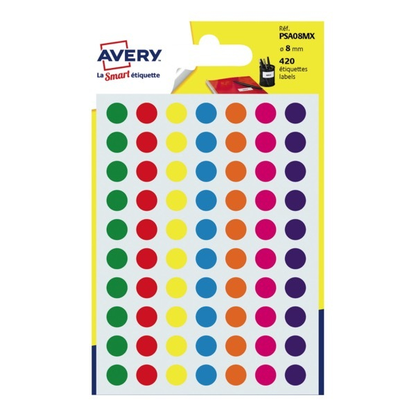5014702026324 - Packung mit 6 Bögen runder Aufkleber in verschiedenen Farben 8 mm Durchmesser avery psa08mx 5014702026324 - Packung mit 6 Bögen runder Aufkleber in verschiedenen Farben 8 mm Durchmesser avery psa08mx