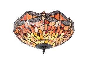 5016087898053 - Interiors 1900 - Interiors Dragonfly Flame - 2 Light Medium Ceiling Flush Hell Dunkelbronze Gelb Glas im Tiffany-Stil E27