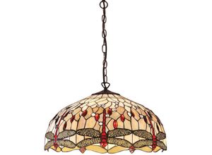 5016087900671 - Interiors 1900 - Interiors Dragonfly Beige - 3 Licht große Decke Anhänger Bronze Beige Libelle Tiffany Glas E27