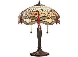 5016087900732 - Interiors 1900 - Interiors Dragonfly Beige - 2 Leichte mittlere Tischlampe Dunkelbronze Beige Glas im Tiffany-Stil E27