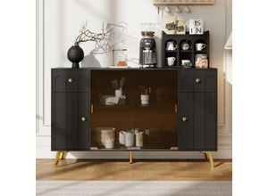 5021280153014 - Sideboard (150 x 30 x 897 cm) modernes schwarzes Sideboard mit braunem Glas Metallgriffen und -beinen schlankes Design mit gebogenen Paneelen