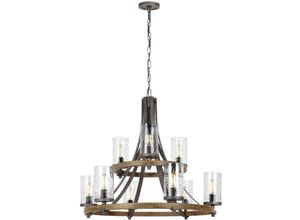 5024005388418 - Elstead Lighting QN-ANGELO9 QUINTIESSE Kronleuchter Angelo E27 9x40W Stahl Eiche verwittert & Metall schiefergrau Wellenglas klar H791cm Ø829cm