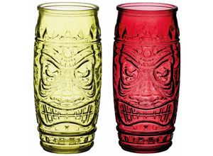 5028250720535 - Barcraft - Kitchencraft Set of Hawaiian Tiki Gläser 2 Stück 600 ml Rot und Grün