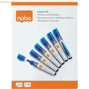 5028252612838 - Schachtel mit 10 Whiteboard-Markern - runde Spitze 3mm - flüssige Tinte - Tintenstand - Farbe blau - Nobo 5028252612838 - Schachtel mit 10 Whiteboard-Markern - runde Spitze 3mm - flüssige Tinte - Tintenstand - Farbe blau - Nobo