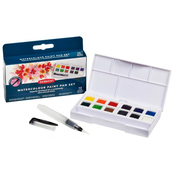 5028252645171 - Wasserfarbkasten 12 halbe Näpfchen und eine Derwent Mini Waterbrush in einer kompakten Palette mit Mischschale 5028252645171 DER 12 Stück