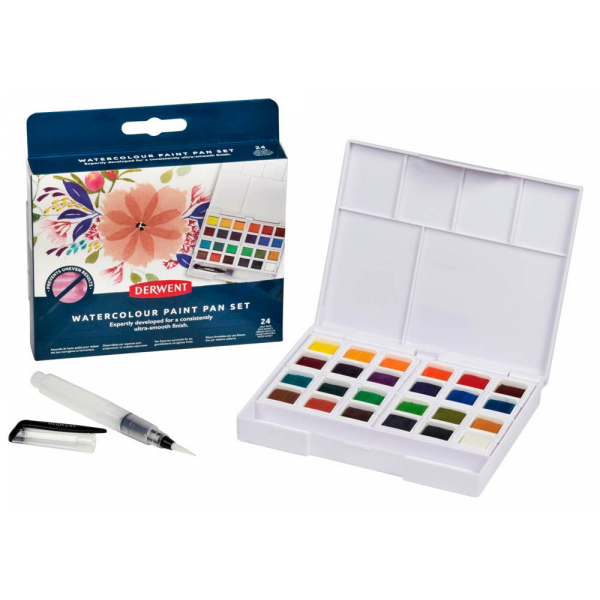 5028252645195 - Wasserfarbkasten 24 halbe Näpfchen und eine Derwent Mini Waterbrush in einer kompakten Palette mit Mischschale 5028252645195 DER 24 Stück