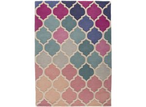 5031193715667 - Wollteppich FLAIR RUGS Rosella Teppiche Gr B L 200 cm x 290 cm 10 mm 1 St pink (pink blau) Esszimmerteppiche 100% Wolle mehrfarbig Ornamente mit Hoch-Tief-Effekt