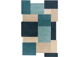 5031193731827 - Wollteppich FLAIR RUGS Abstract Collage Teppiche Gr B L 200 cm x 290 cm 11 mm 1 St blau (aquablau) Esszimmerteppiche 100% Wolle Karo Design Patchwork modern mehrfarbig