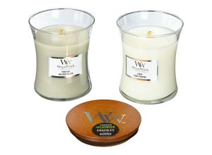 5038581123738 - Woodwick - Duftkerzen Geschenkset 2X medium hourglass 275G (fireside & linen)