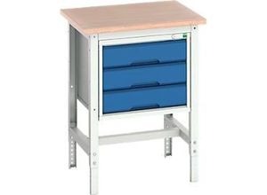 5039350033029 - Werkbank verso Multiplex-Platte mit Querstrebenset 3 Schubladen B 700 x T 600 x H 780 - 930 mm Lichtgrau   Enzianblau