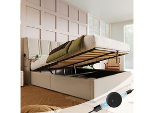 5041277628257 - Okwish - Polsterbett Stauraumbett USB Typ-C Ladeanschlüsse Seitentasche Hydraulisch Doppelbett 140x200cm Lattenrost aus Holz Bett mit Lattenrost 5041277628257 - Okwish - Polsterbett Stauraumbett USB Typ-C Ladeanschlüsse Seitentasche Hydraulisch Doppelbett 140x200cm Lattenrost aus Holz Bett mit Lattenrost