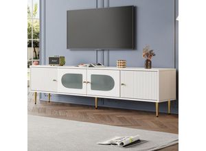 5041280143914 - Okwish - Eleganter TV-Schrank 1703550 cm – weißer Korpus mit goldenen Beinen und Griffen 2 Türen mit vertikalen Rillen 2 Türen mit gebogenem Glas