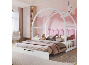 5041280775627 - Ausziehbares Bogendachbett Schiebebett Kinderbett Tagesbett Doppelbett Samtkissen Gestell aus Kiefernholz Weiß + Rosa (140 x 100 cm und 140 x