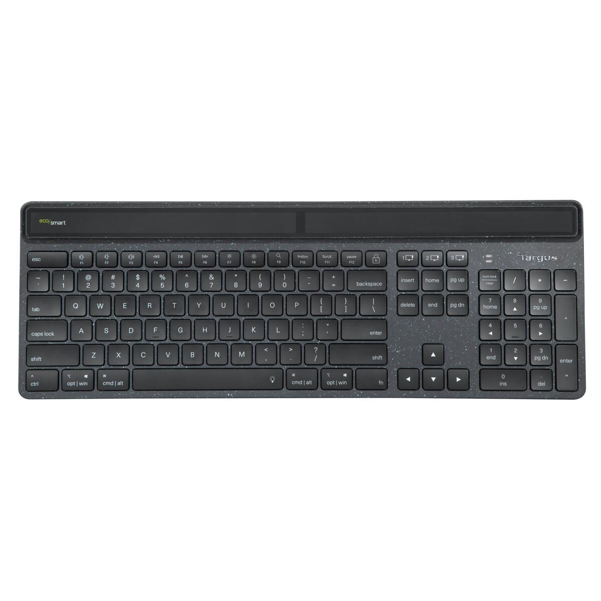 5051794042801 - EcoSmart™ Bluetooth® Tastatur Deutsch QWERTZ Schwarz Beleuchtet Ergonomisch Geräuscharme Tasten mit numerischer Tastatur Multipair-Funktion Solar