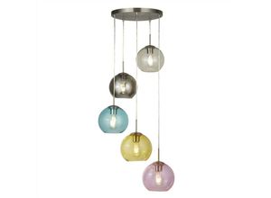 5053423138060 - Searchlight - Mardi Gras - 5 Light Cluster Anhänger Satin Silber Blau Geräuchert Gelb Pink E27