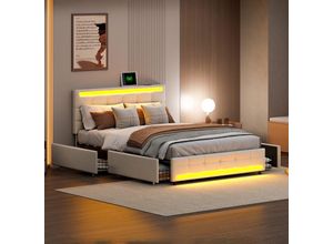 5053588584146 - Bett mit Schubkästen 140x200cm mit 4 Schubladen und 2 USB-Ladestationen LED-beleuchtetes Kopfteil Lattenrost Jugendlichebett aus Samt Beige