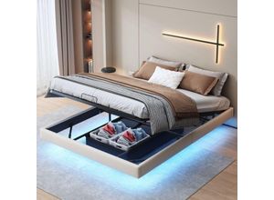 5053588586577 - Tanant - Doppelbett Polsterbett 160 x 200 cm Funktionsbett mit Lattenrost und Stauraum Schwebebett mit LED-Beleuchtung ohne Kopfteil pu Weiß