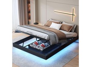 5053588586584 - Tanant - Doppelbett Polsterbett 160 x 200 cm Funktionsbett mit Lattenrost und Stauraum Schwebebett mit LED-Beleuchtung ohne Kopfteil pu Schwarz