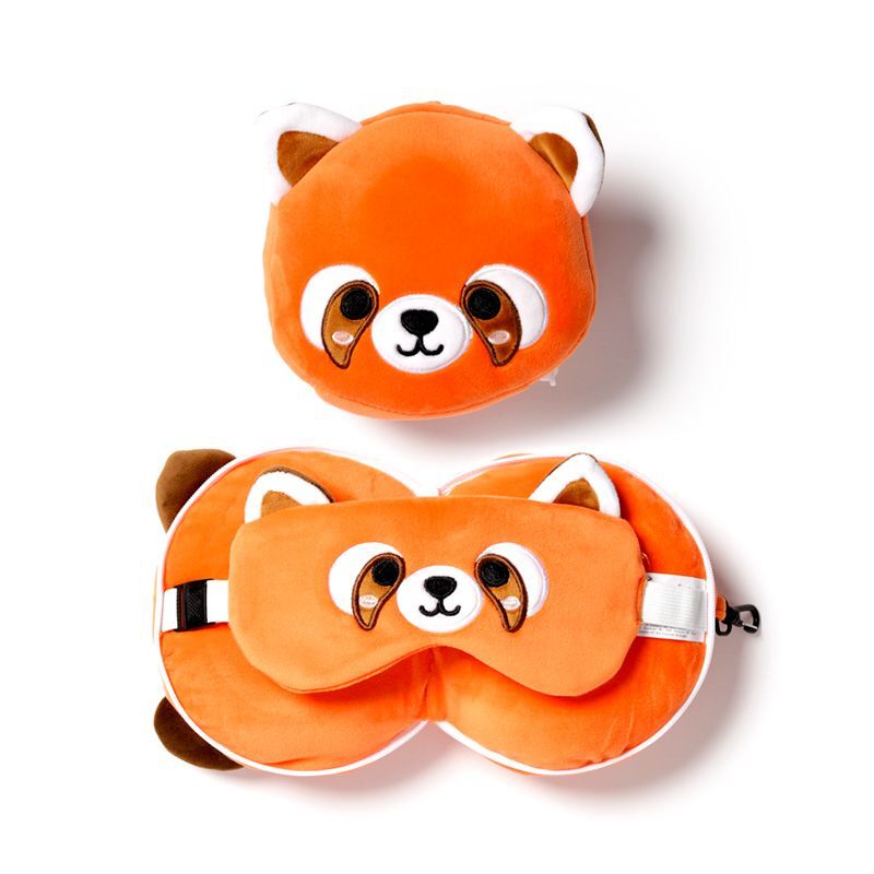5055071751370 - Plüsch-Reisekissen 2 in 1 mit Augenmaske Restazz panda rotbraun Puckator