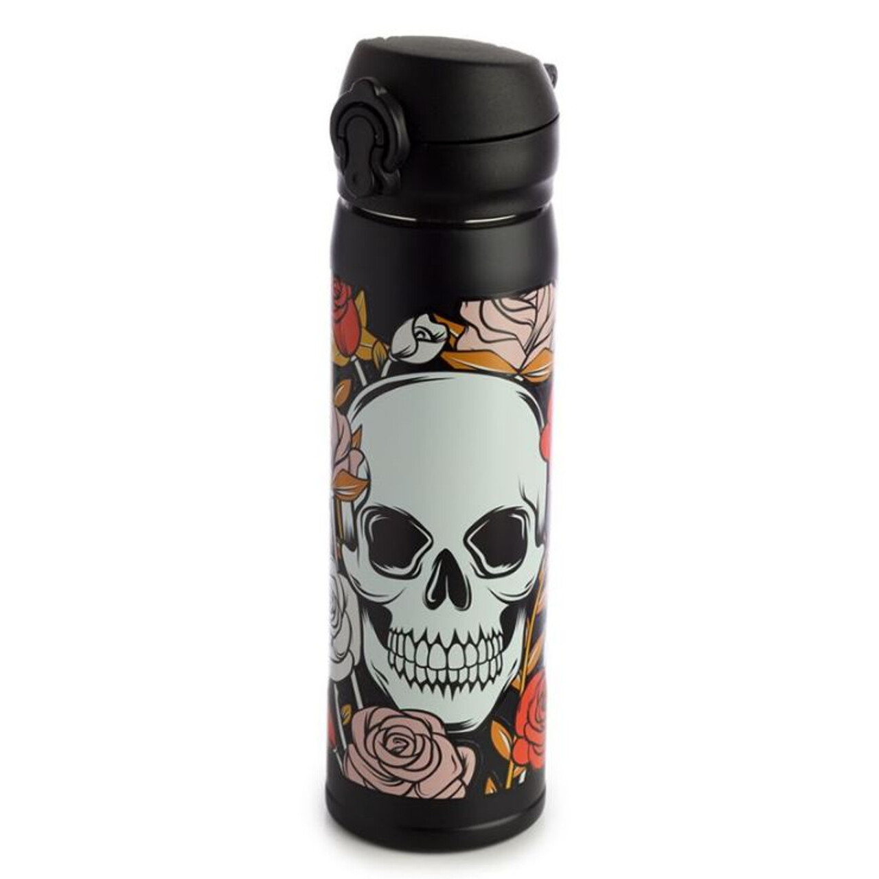 5055071768927 - Isolierte Edelstahl-Flasche mit Druckknopfdeckel heiße oder kalte Getränke Schädel Skulls and Roses