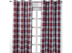 5055967415607 - HOMESCAPES Gardinen mir Ösen Schottenmuster MacDuff 2er Set 100% Baumwolle 137x117 cm - Rot Weiß Grün