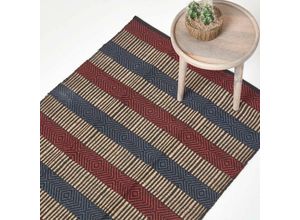 5055967436596 - Handgewebter mehrfarbig gestreifter Jute-Teppich mit geometrischem Muster 120 x 180 cm - Rot Blau Schwarz Natur - Homescapes