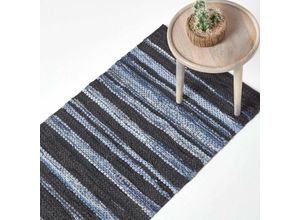 5055967459366 - Webteppich Texas aus Leder und Jeansstoff in Blau 66 x 200 cm - Blau - Homescapes